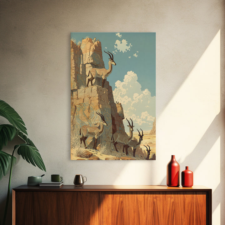 Desert Oryx On Sunlit Canyon Cliffs Canvas Print, African Safari Art, African Animal Art, Boho Wall Decor, Living Room Decor