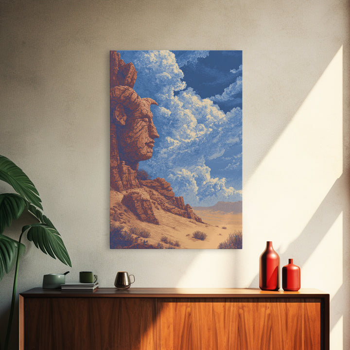 Colossal Ancestral Face In Desert Cliffs Canvas Print, African Culture Art, Tribal Art Decor, Statement Wall Art, Earth Tone Wall Art