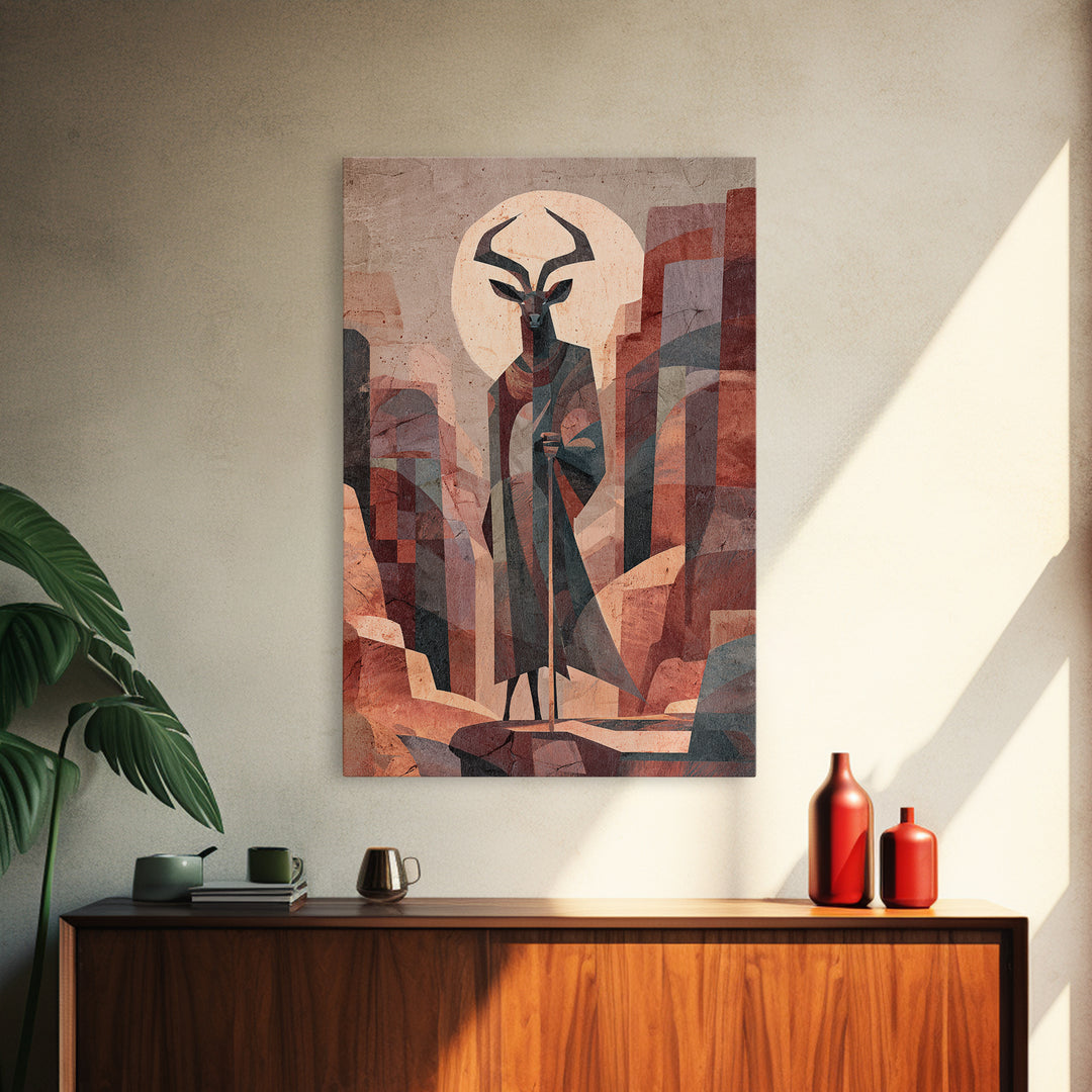 Antelope Mask Spirit In Abstract Cityscape Canvas Print, African Mask Art, Abstract African Art, Afrocentric Wall Art, Bold Decor