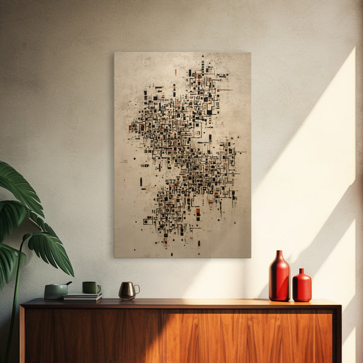 Abstract City Map Wall Art, Beige Black Geometric Canvas Print, Modern African Abstract Art, Office Decor, Urban Artwork