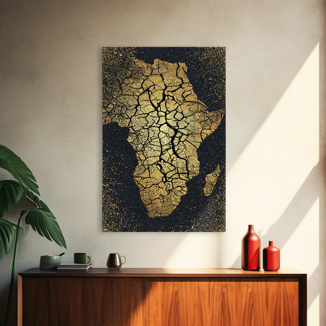 Cracked Gold Africa Silhouette Wall Art, Black Tree Root Canvas Print, African Landscape Decor, Motherland Artwork Gift Idea