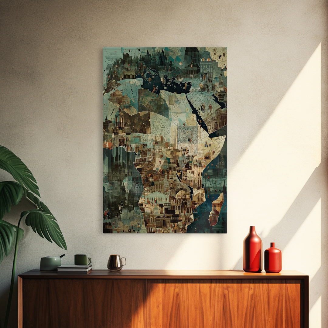 Africa City Collage Wall Art, Teal Architectural Canvas Print, African Travel Poster, Modern Cultural Home Decor Artwork
