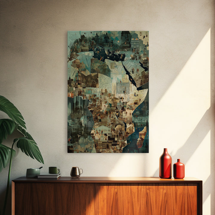 Africa City Collage Wall Art, Teal Architectural Canvas Print, African Travel Poster, Modern Cultural Home Decor Artwork