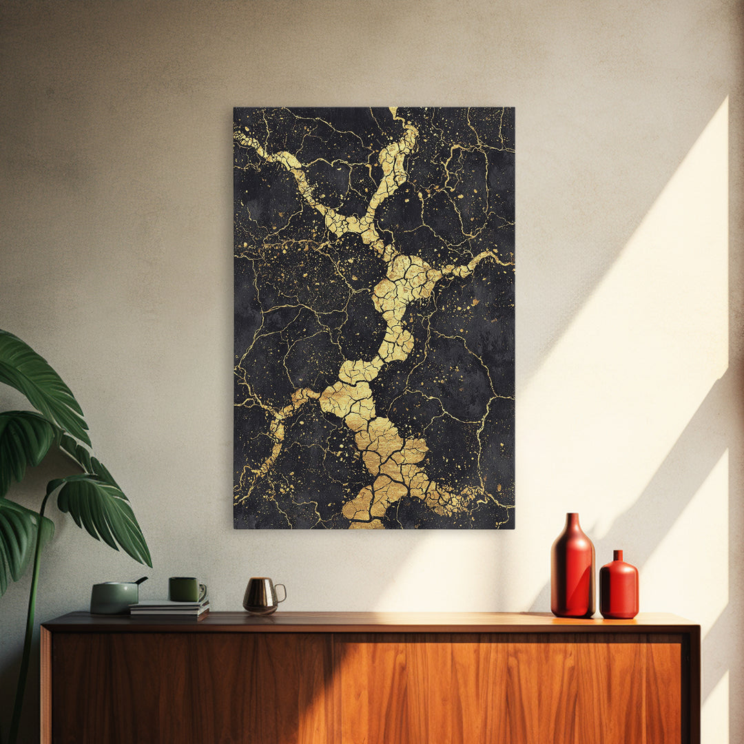 Black Gold Cracked Abstract Wall Art, Marble Texture Canvas Print, Luxury Modern Art, Earth Tone Home Decor Artwork Gift
