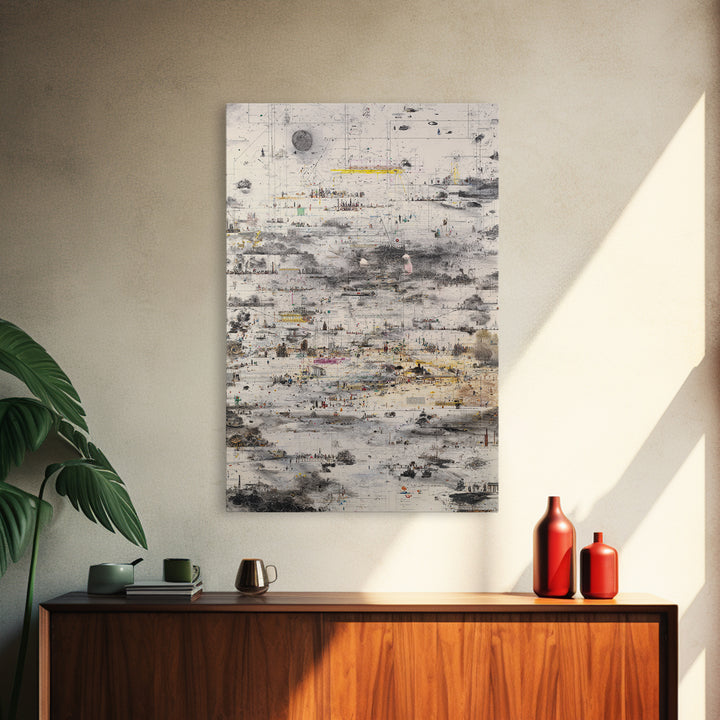 Abstract Monochrome City Grid With Tiny Figures Wall Art, Modern African Inspired Urban Map, Neutral Gallery Home Decor Print