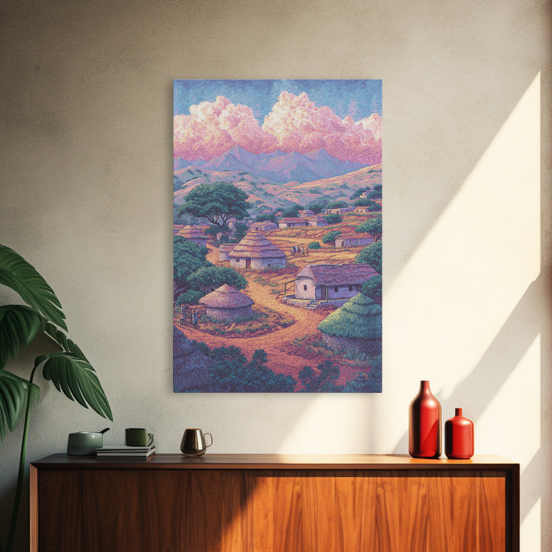 Colorful African Village Huts Beneath Pink Clouds Canvas Print, Mountain Landscape, Cultural Home Decor, Motherland Wall Art