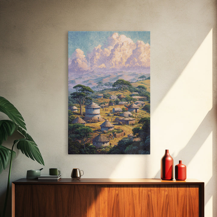 Serene African Village With Huts And Acacia Trees Wall Art, Safari Landscape Canvas Print, Cultural Home Decor Gift For Living Room