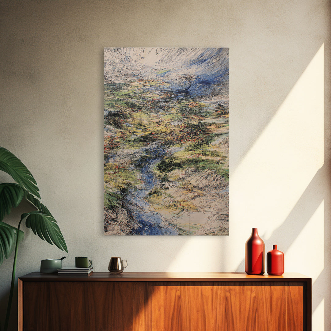 Sweeping River Valley And Mountain Village Wall Art, African Landscape Canvas Print, Textured Nature Scene For Living Room
