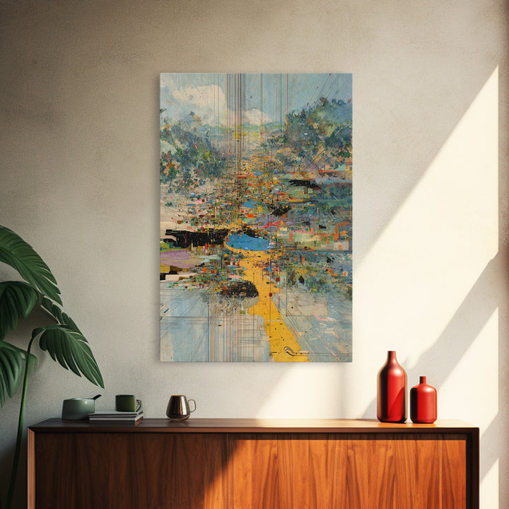 Abstract Riverside City With Golden Path Wall Art, Modern African Inspired Landscape Canvas Print, Colorful Home Decor Gift