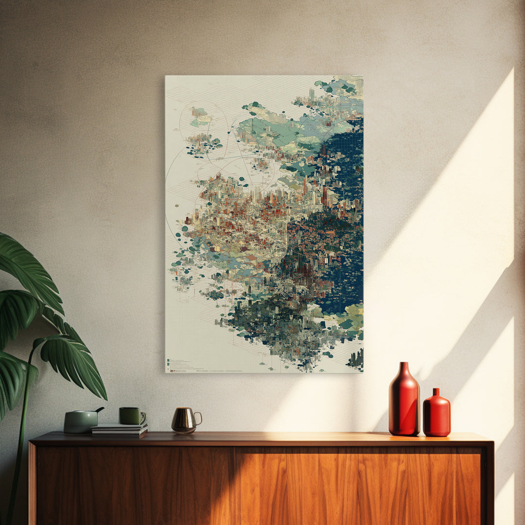 Abstract Coastal City Map In Teal And Indigo Canvas Print, Modern African Inspired Wall Art, Geometric Urban Home Decor Gift
