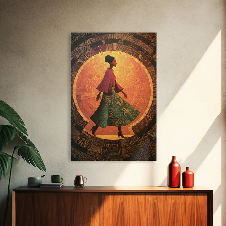 Elegant African Woman In Green Patterned Skirt Wall Art, Golden Halo Canvas Print, Afrocentric Black Beauty Home Decor Gift