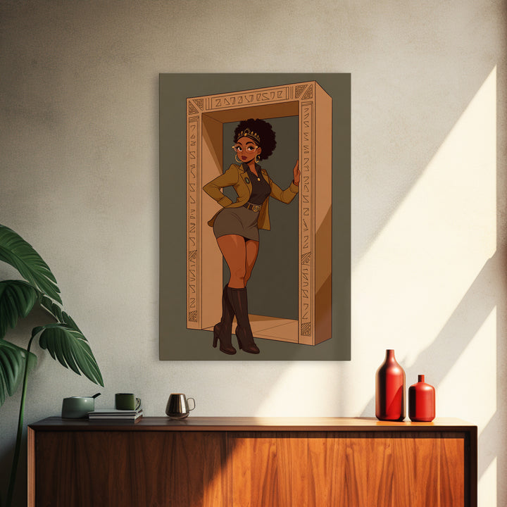 Stylish Black Queen In Carved Doorway Canvas Print, African American Comic Wall Art, Empowered Woman Fashion Home Decor Gift