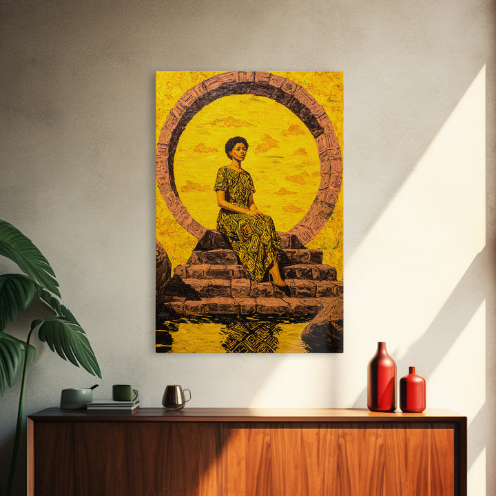 Golden African Woman By Sacred Stone Arch Canvas Print, Afrocentric Wall Decor, Black Queen Portrait, Ankara Home Decor Gift