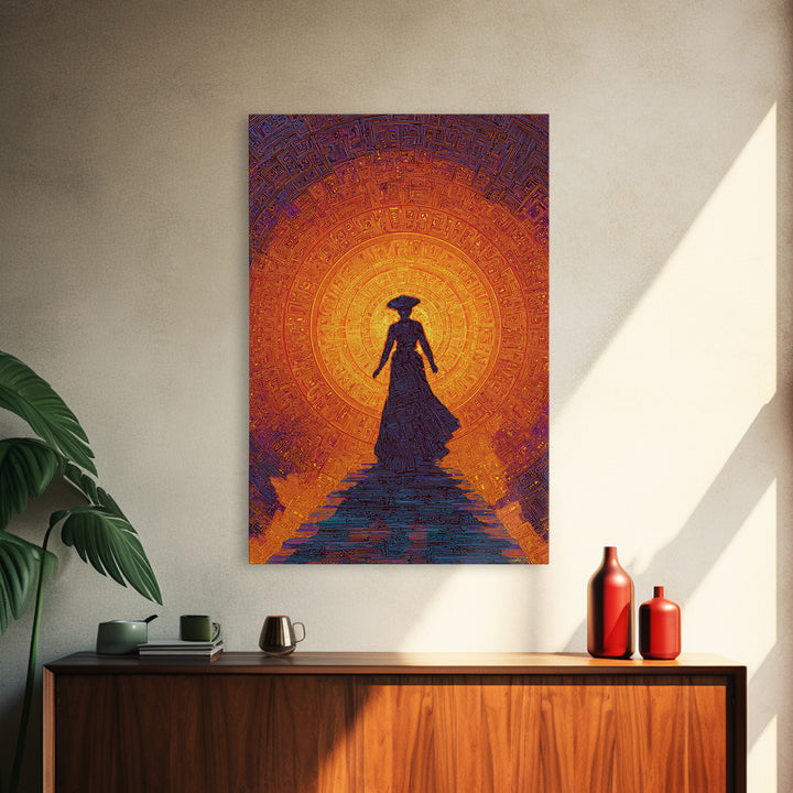 Silhouette Woman Before Sun Mandala Canvas Print, African Inspired Wall Decor, Burnt Orange Art, Feminine Spiritual Gift