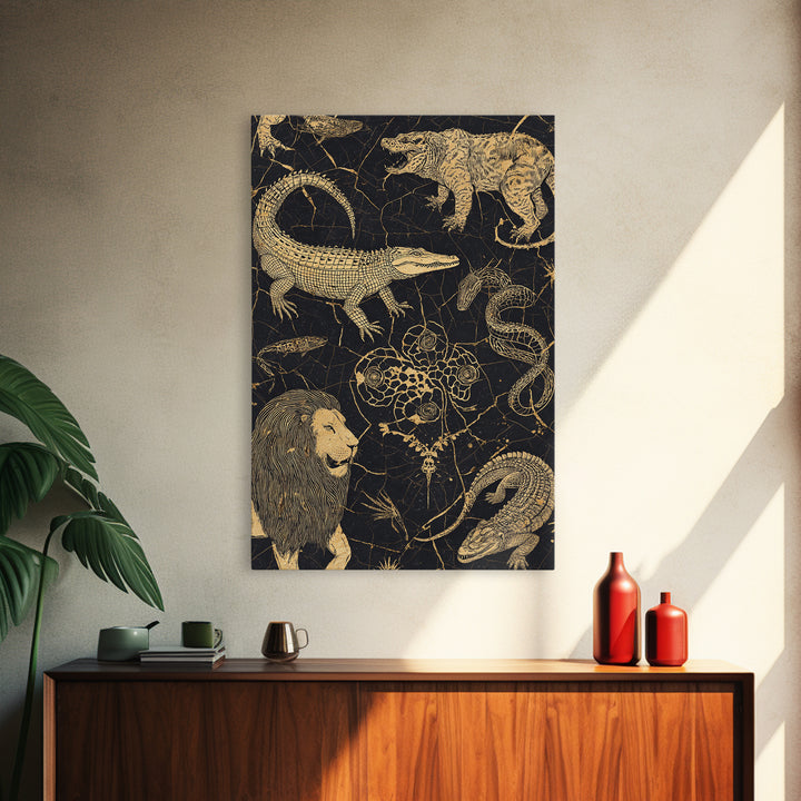 Gold Engraved Safari Animals Wall Art, African Animal Art, Tribal Wildlife Decor, Lion Crocodile Snake Canvas Print Style