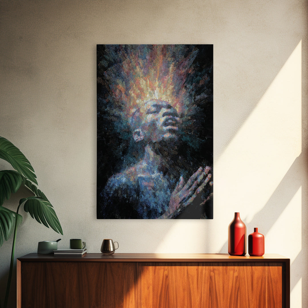 Praying Black Man With Radiant Spirit Framed Canvas Print, African American Art, Afrocentric Wall Decor, Meditation Gift