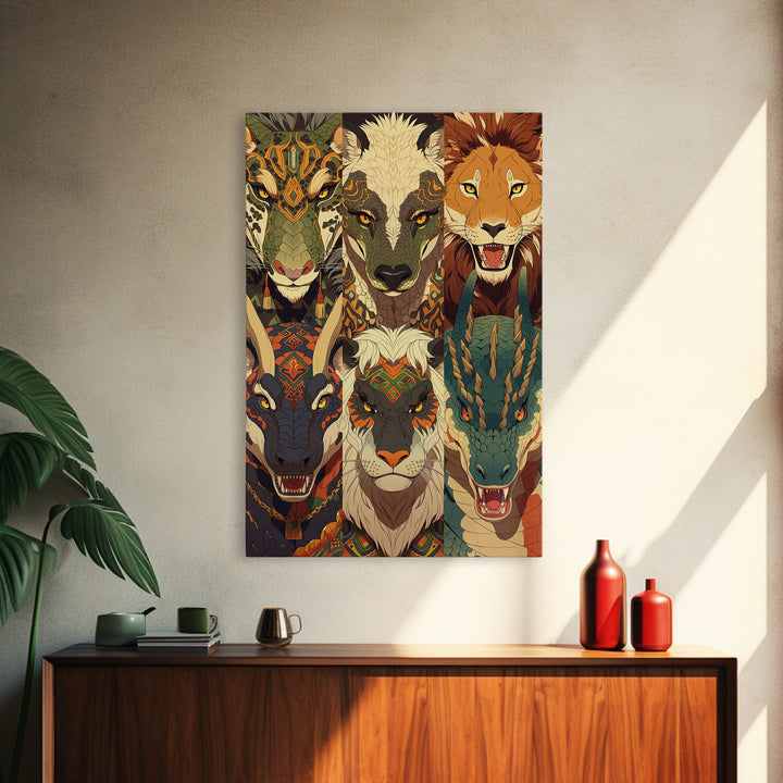 Six Tribal Safari Animal Totems Canvas Print, African Inspired Wall Decor, Lion Elephant Giraffe Dragon, Bold Home Decor