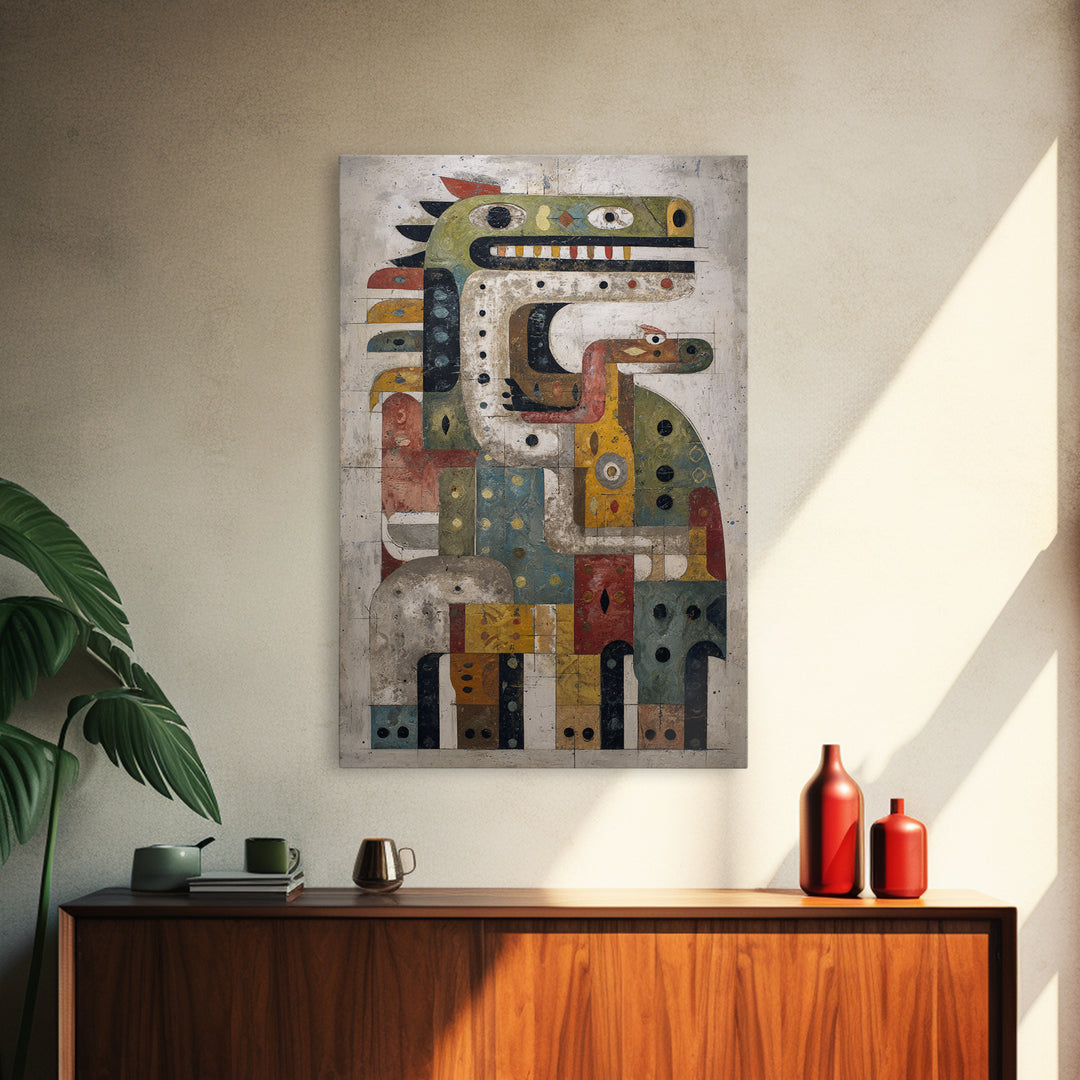 Geometric Tribal Bird Creature Canvas Print, Abstract African Art, Ethnic Wall Decor, Modern Cubism For Boho Home Decor Gift