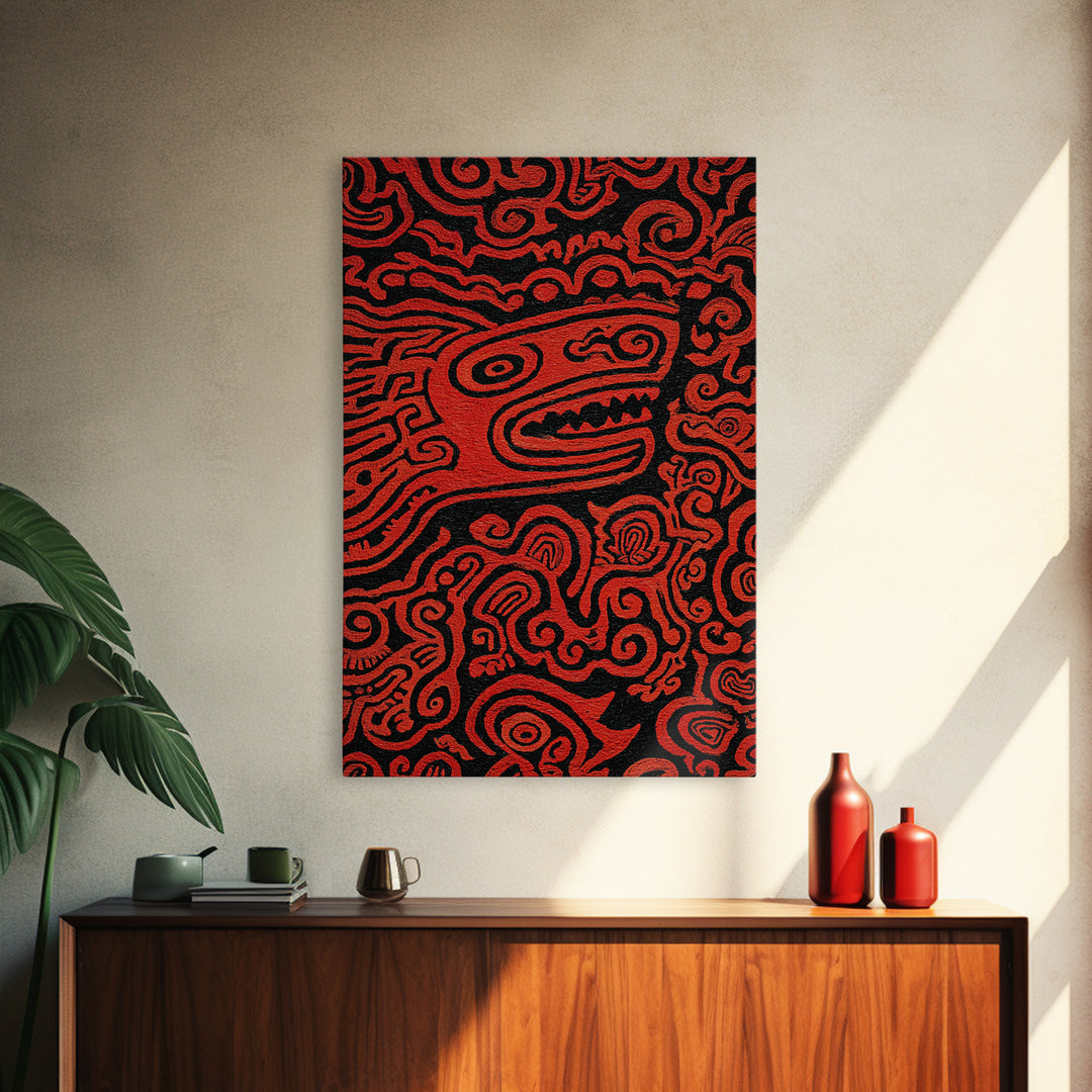 Red Tribal Lizard Pattern Wall Art, African Abstract Textile Art, Bold Ethnic Decor, Modern Black And Red Canvas Design Gift