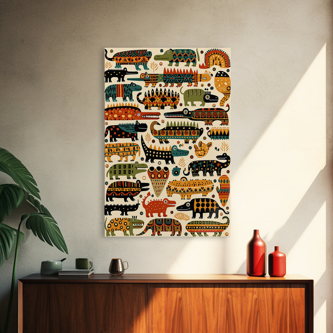 Whimsical Crocodile Pattern Canvas Print, Colorful African Animal Art, Kids Room Wall Decor, Tribal Safari Nursery Art Gift