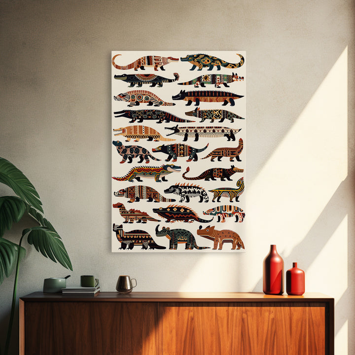 Tribal Crocodile Collection Canvas Print, African Animal Art, Patterned Safari Wall Decor, Boho Kids Room Decor Gift For Him
