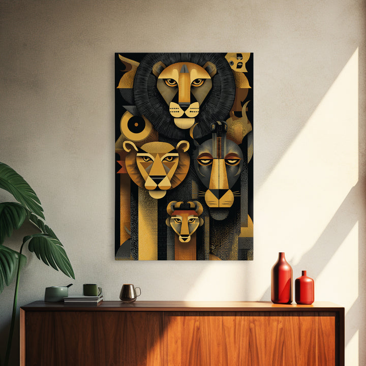 Black And Gold Lion Family Wall Art, Modern African Safari Art, Geometric Animal Portrait, Luxury Canvas Living Room Decor