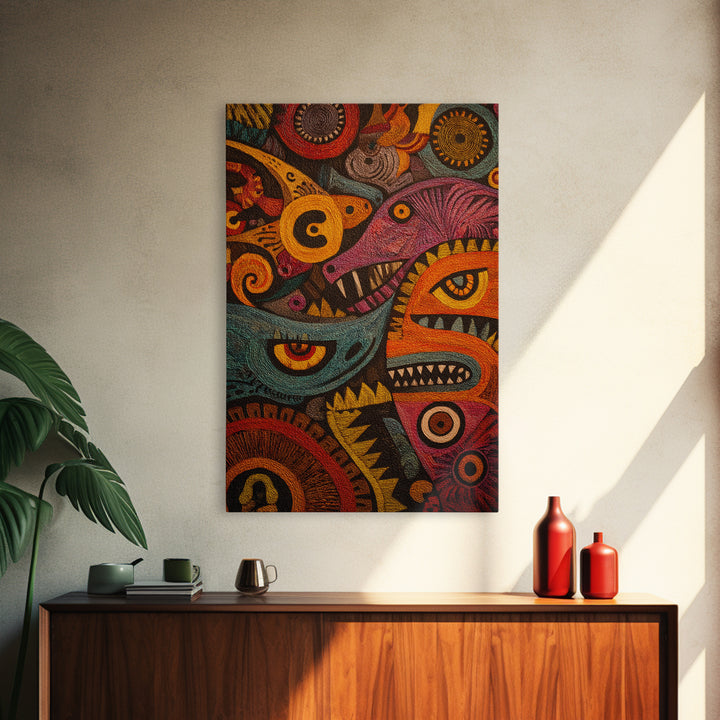 Colorful Tribal Spirit Mask Canvas Print, African Abstract Art, Bold Ethnic Wall Decor, Modern Afrocentric Statement Gift
