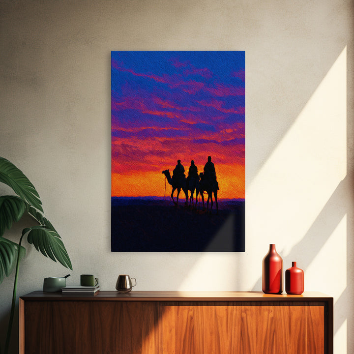 Camel Caravan At Sunset Wall Art, African Landscape Print, Desert Travel Decor, Boho Safari Canvas For Living Room Art Gift