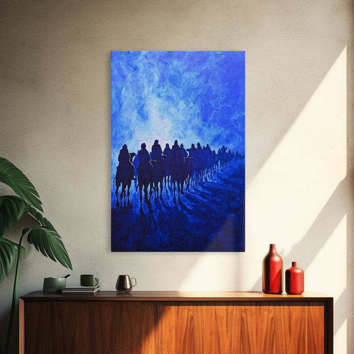 Blue Desert Horse Caravan Canvas Print, African Landscape Art, Sahara Travel Wall Decor, Dreamy Blue Painting For Living Room