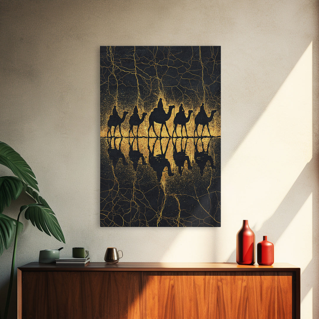 Gold Camel Caravan Reflection Wall Art, African Safari Art Print, Black Gold Desert Decor, Luxury Canvas For Living Room