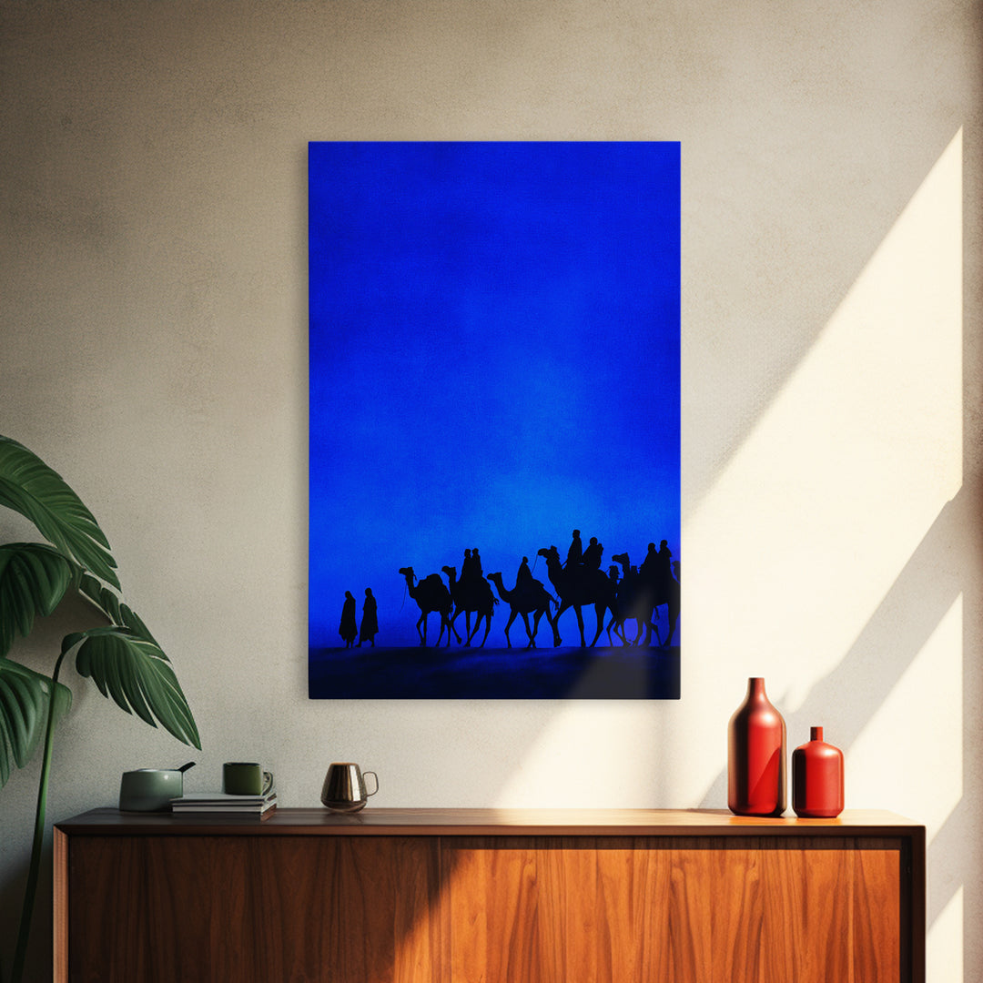 Blue Desert Camel Caravan Canvas Print, African Travel Poster, Modern Safari Wall Decor, Minimalist Blue Bedroom Art Gift