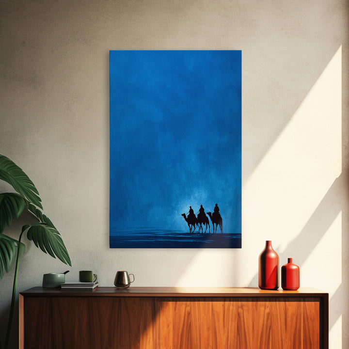 Three Blue Camel Riders Wall Art, African Safari Art Print, Serene Desert Landscape, Modern Canvas Decor For Living Room