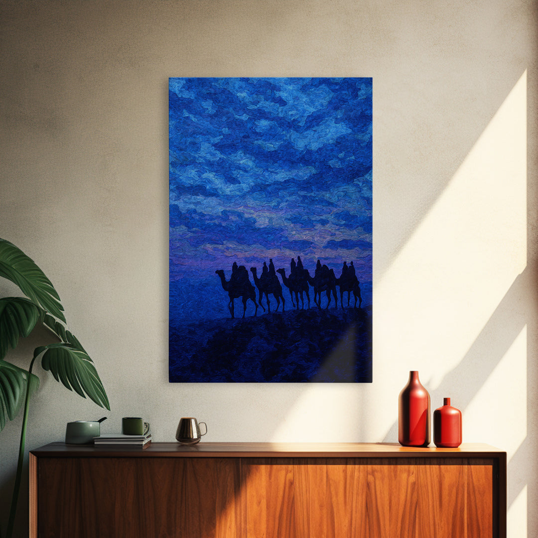 Textured Blue Camel Caravan Wall Art, African Painting Print, Dramatic Desert Sky Decor, Modern Canvas For Office Living Room