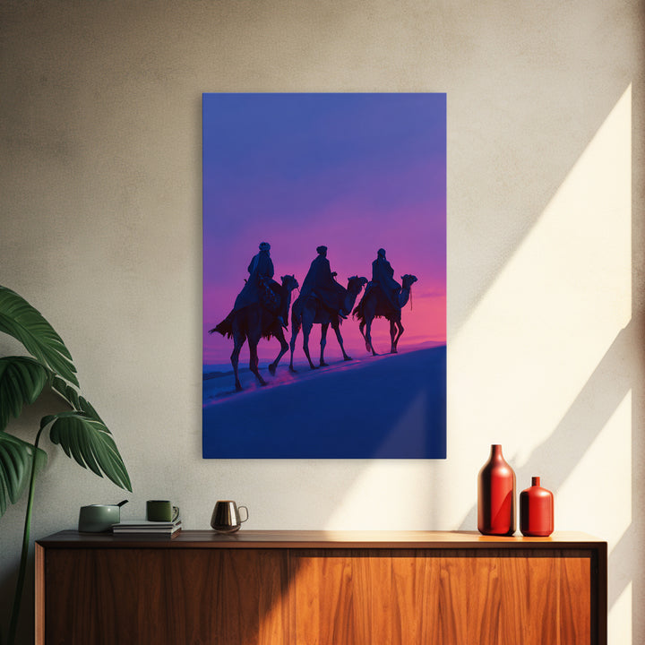 Purple Sunset Camel Riders Canvas Print, African Safari Wall Art, Boho Desert Landscape Decor, Dreamy Bedroom Gift For Her