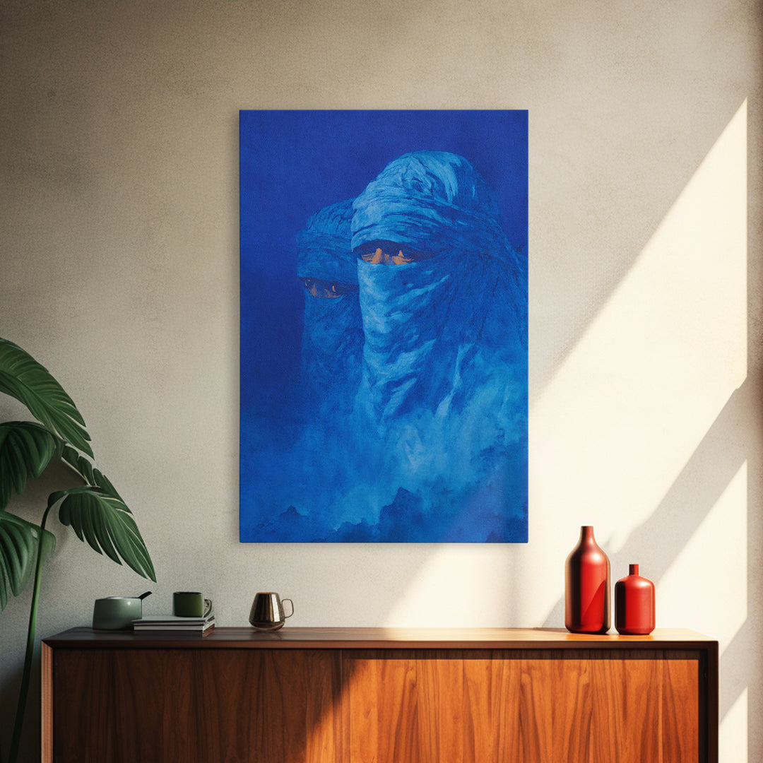 Blue Veiled Tuareg Portrait Wall Art, African Culture Art Print, Sahara Nomad Decor, Mystical Blue Canvas For Bedroom Gift