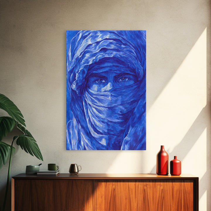 Blue Veiled Woman Portrait Canvas Print, African Woman Art, Sahara Travel Wall Decor, Elegant Cultural Home Decor Gift For Her