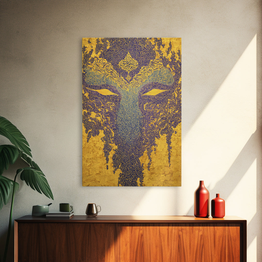 Ornate Blue Gold African Mask Wall Art, Abstract Tribal Art Print, Afrocentric Decor, Luxury Canvas Statement Piece For Home