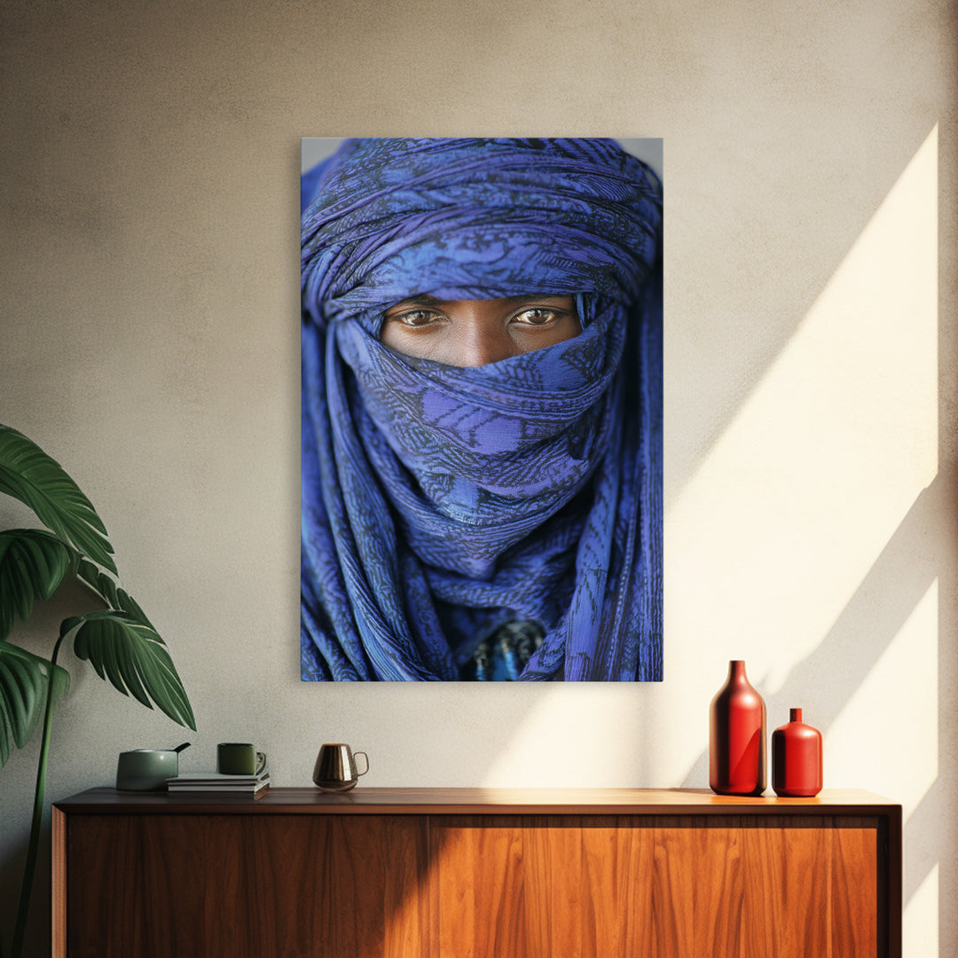 Indigo Tuareg Veiled Eyes Portrait Wall Art, African Wall Art, Blue Desert Nomad Decor, Afrocentric Canvas Print Gift For Home