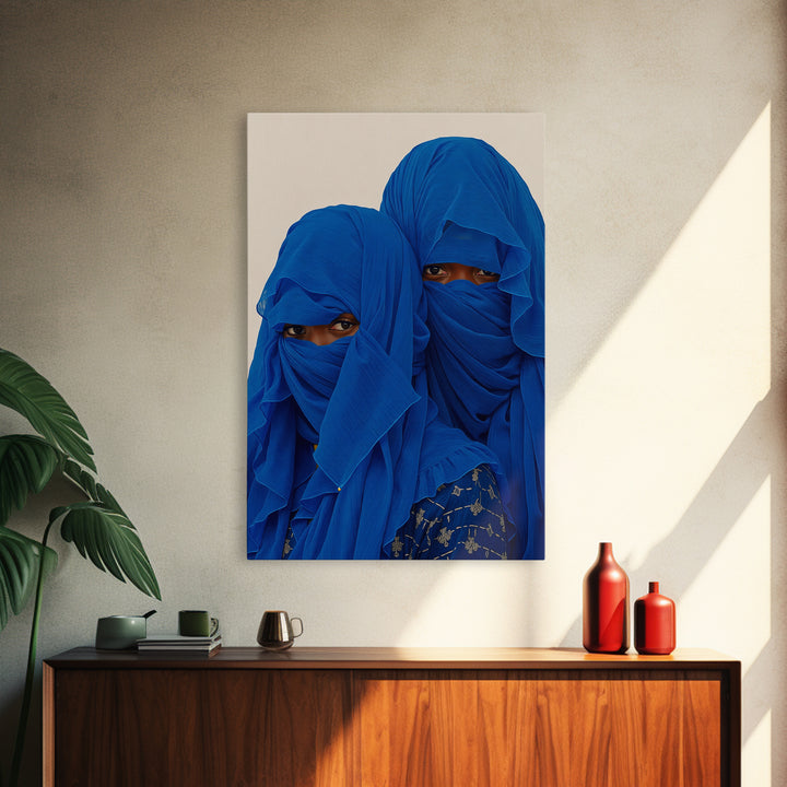 Two Blue Veiled African Women Portrait Wall Art, African Women Art, Afrocentric Decor, Indigo Fashion Canvas Print For Home