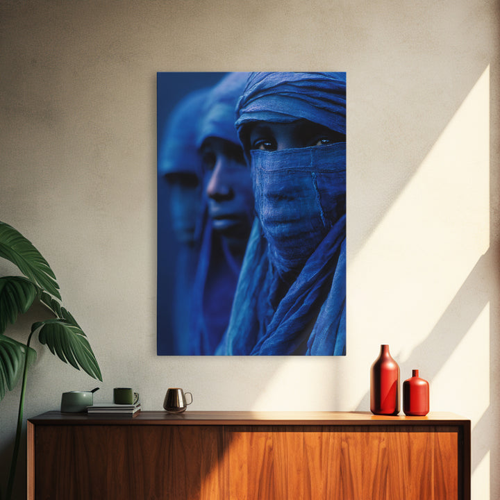 Blue Desert Nomad Figures Canvas Print, African Portrait Wall Art, Tuareg Inspired Indigo Decor, Mystical Afrocentric Gift