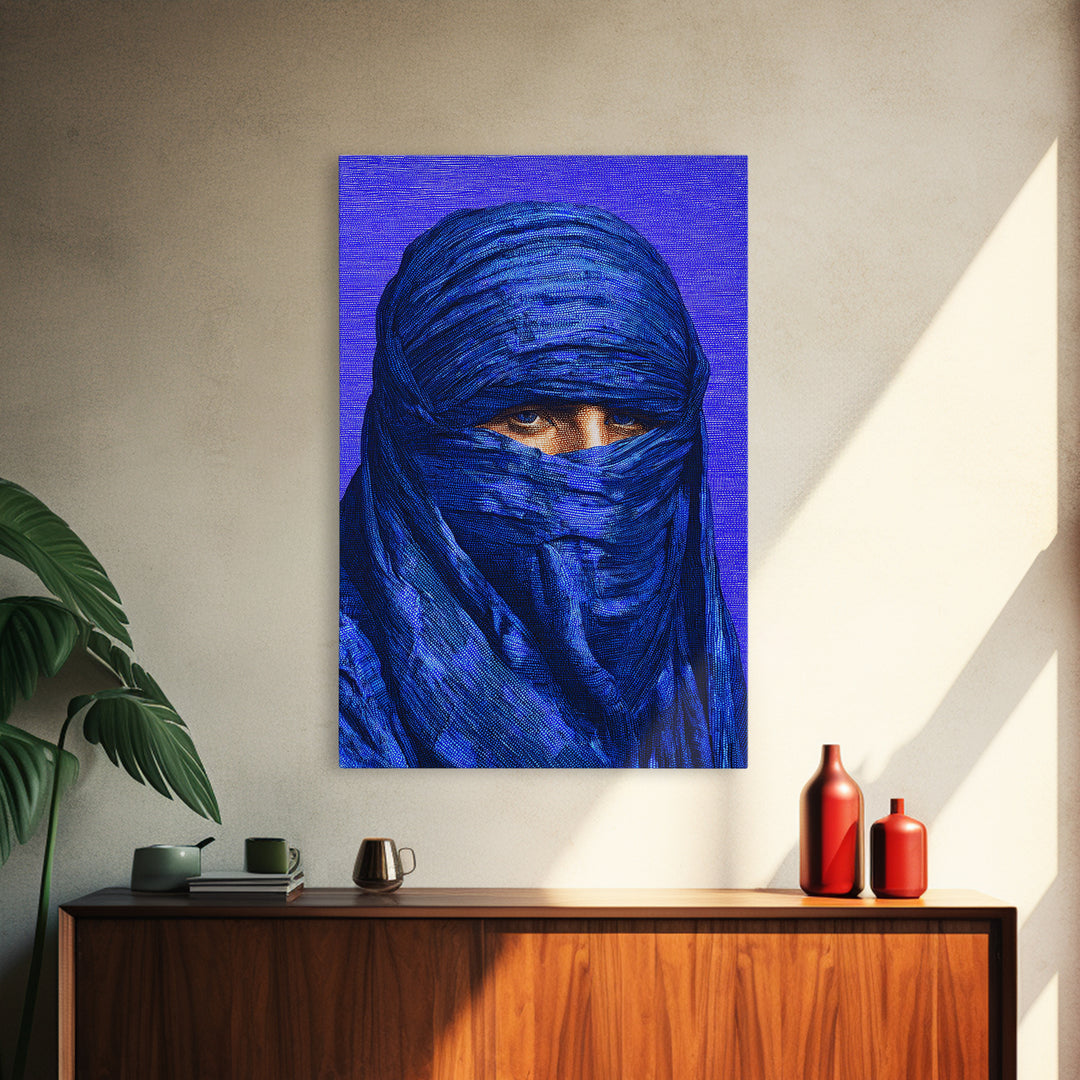 Electric Blue Turban Portrait Wall Art, African Portrait, Indigo Textile Art, Modern Afrocentric Canvas Print Bedroom Decor