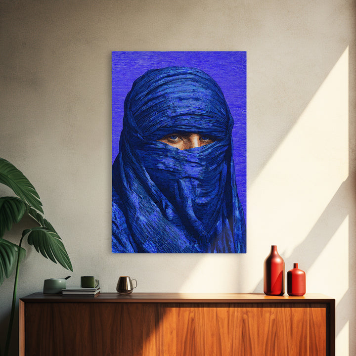 Electric Blue Turban Portrait Wall Art, African Portrait, Indigo Textile Art, Modern Afrocentric Canvas Print Bedroom Decor