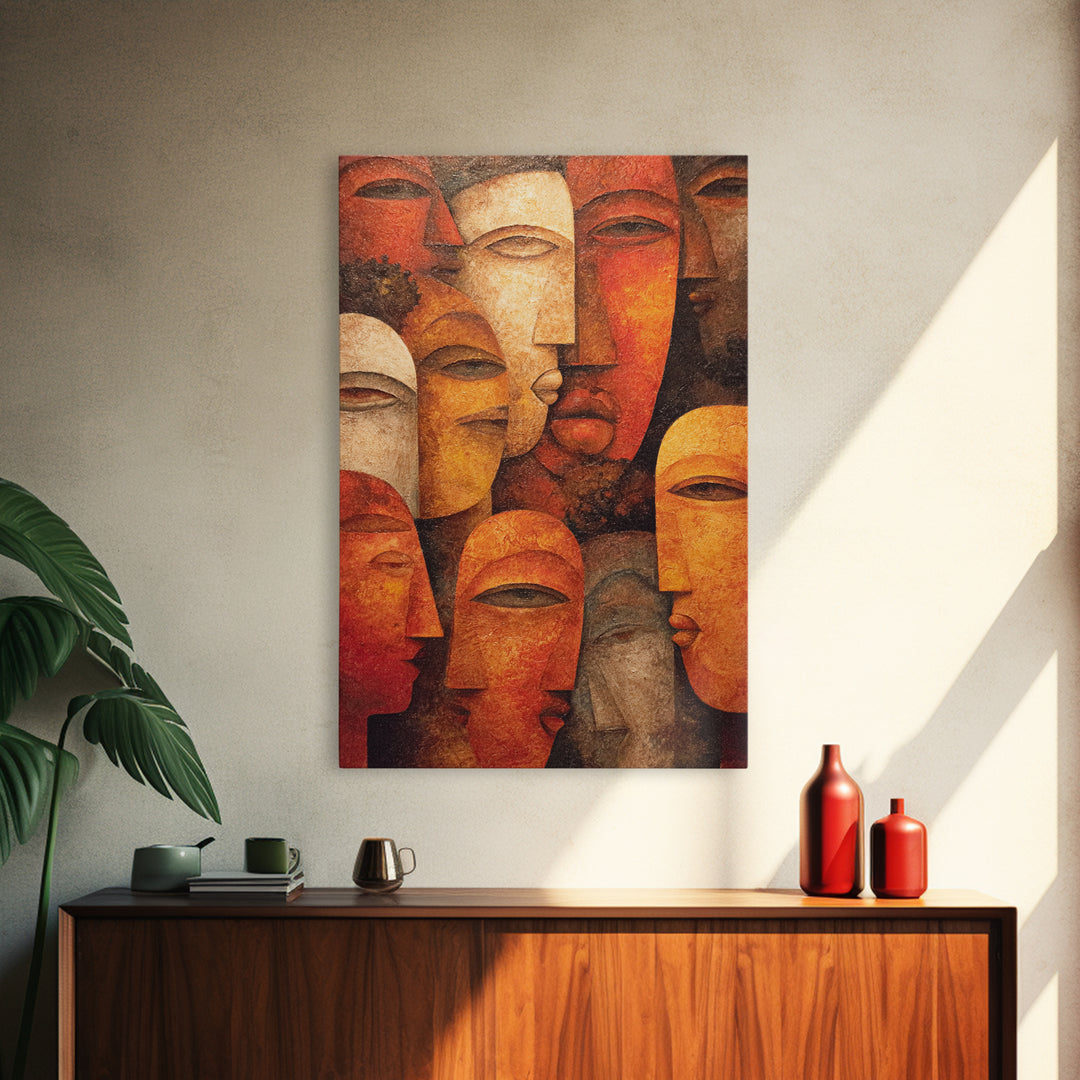 Layered African Mask Faces Wall Art, African Tribal Art, African Mask Art, Terracotta Abstract Canvas Print Cultural Decor