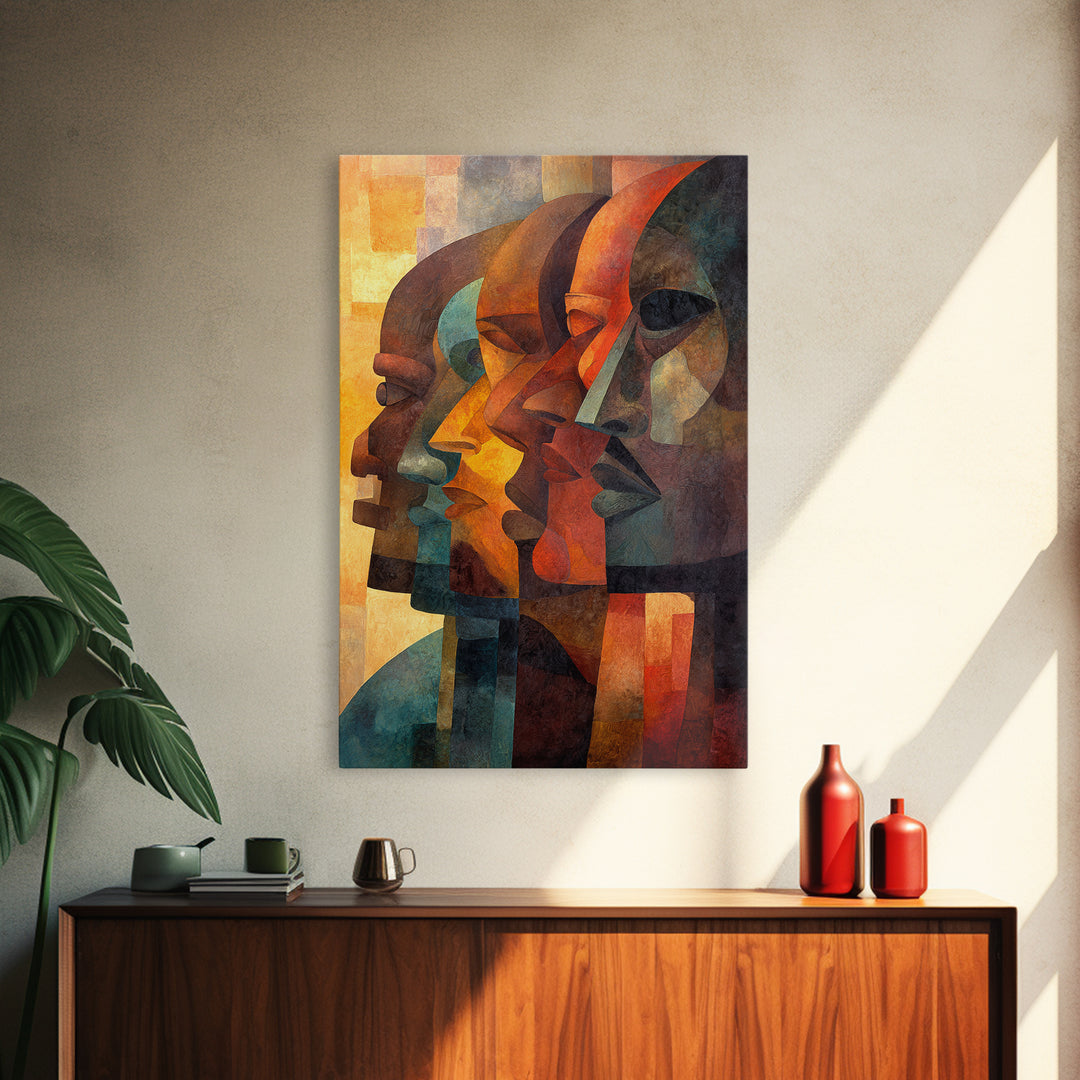 Cubist African Profiles Wall Art, Abstract African Art, Geometric Portrait, Modern Afrocentric Canvas Print Living Room Decor