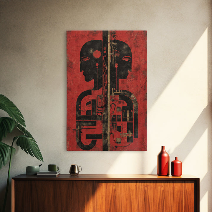 Red And Black Tribal Twin Profiles Wall Art, Abstract African Mask Portrait, Afrocentric Decor, Modern African Art Print