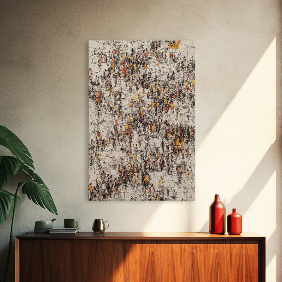 Busy Urban Crowd Abstract Canvas Print, Orange And Black City People Scene, Contemporary Wall Decor, Modern Office Art Gift