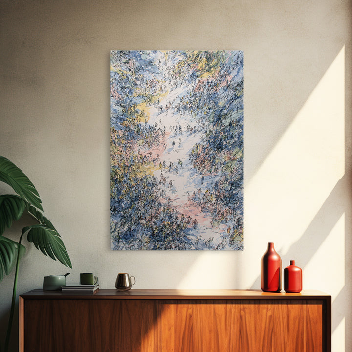 Pastel Valley Gathering Canvas Print, Dreamy Nature Scene With Tiny Figures, African Inspired Wall Decor, Unique Home Art