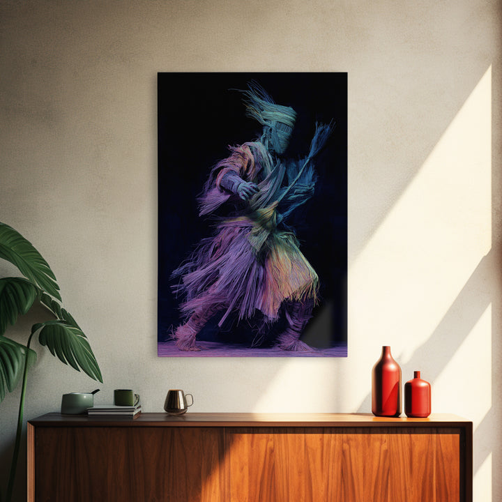 Masked Raffia Dancer In Neon Threads, African Wall Art, Tribal Dance Decor, Afrocentric Culture Print, Bold Home Decor Gift