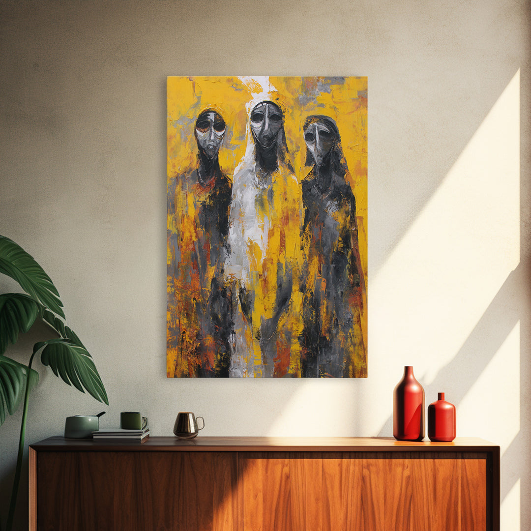 Three Abstract Masked Figures On Yellow Ground, Canvas Print, African Mask Art, Modern Tribal Wall Decor, Bold Portrait Art