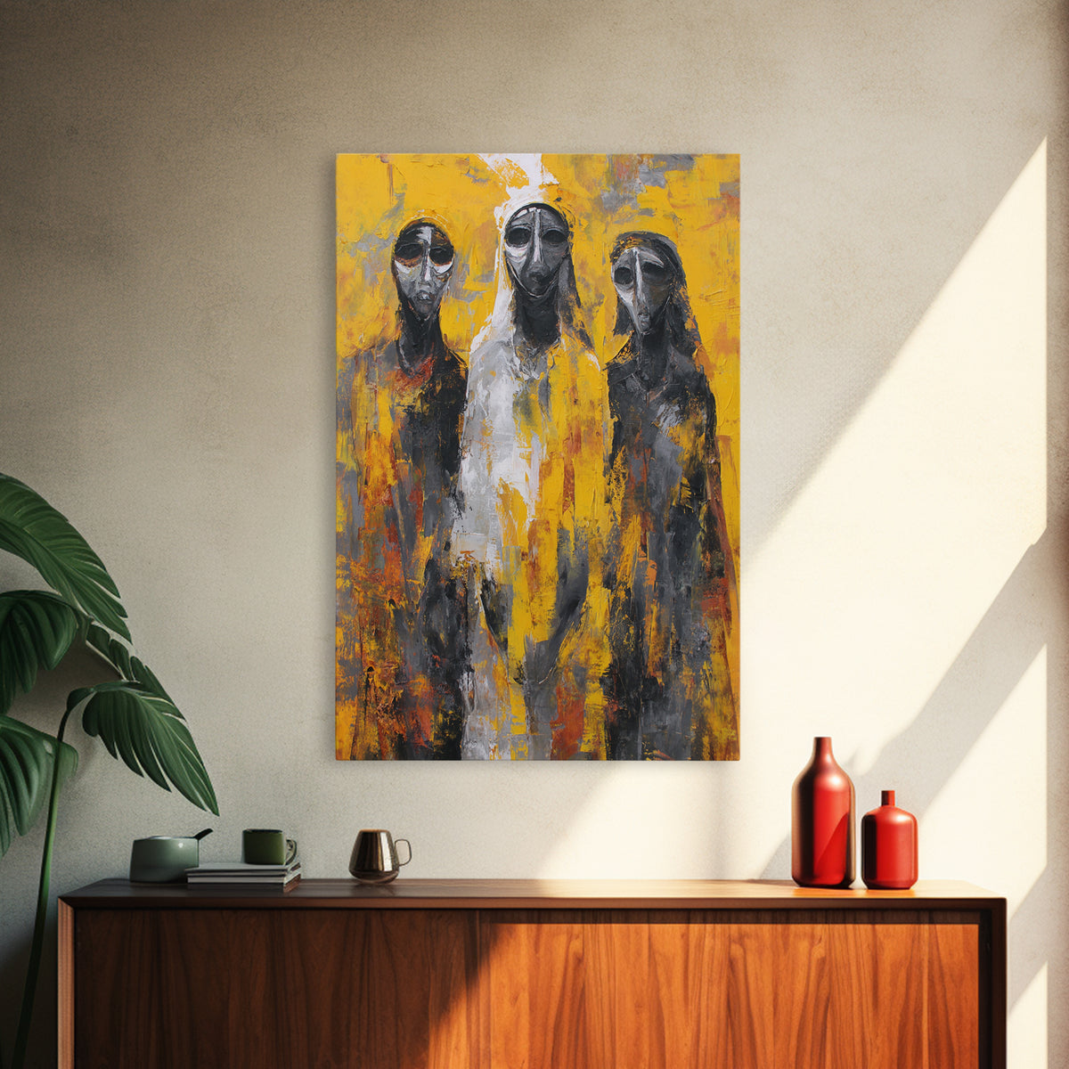 Three Abstract Masked Figures On Yellow Ground, Canvas Print, African Mask Art, Modern Tribal Wall Decor, Bold Portrait Art